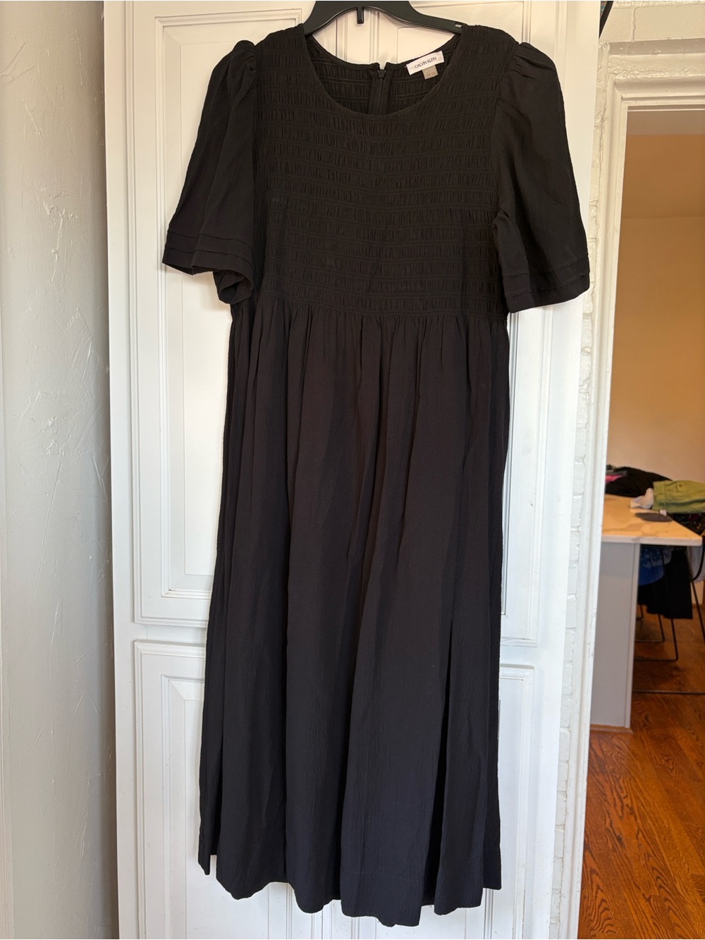 Calvin Klein Black Smocked Bodice Midi Dress